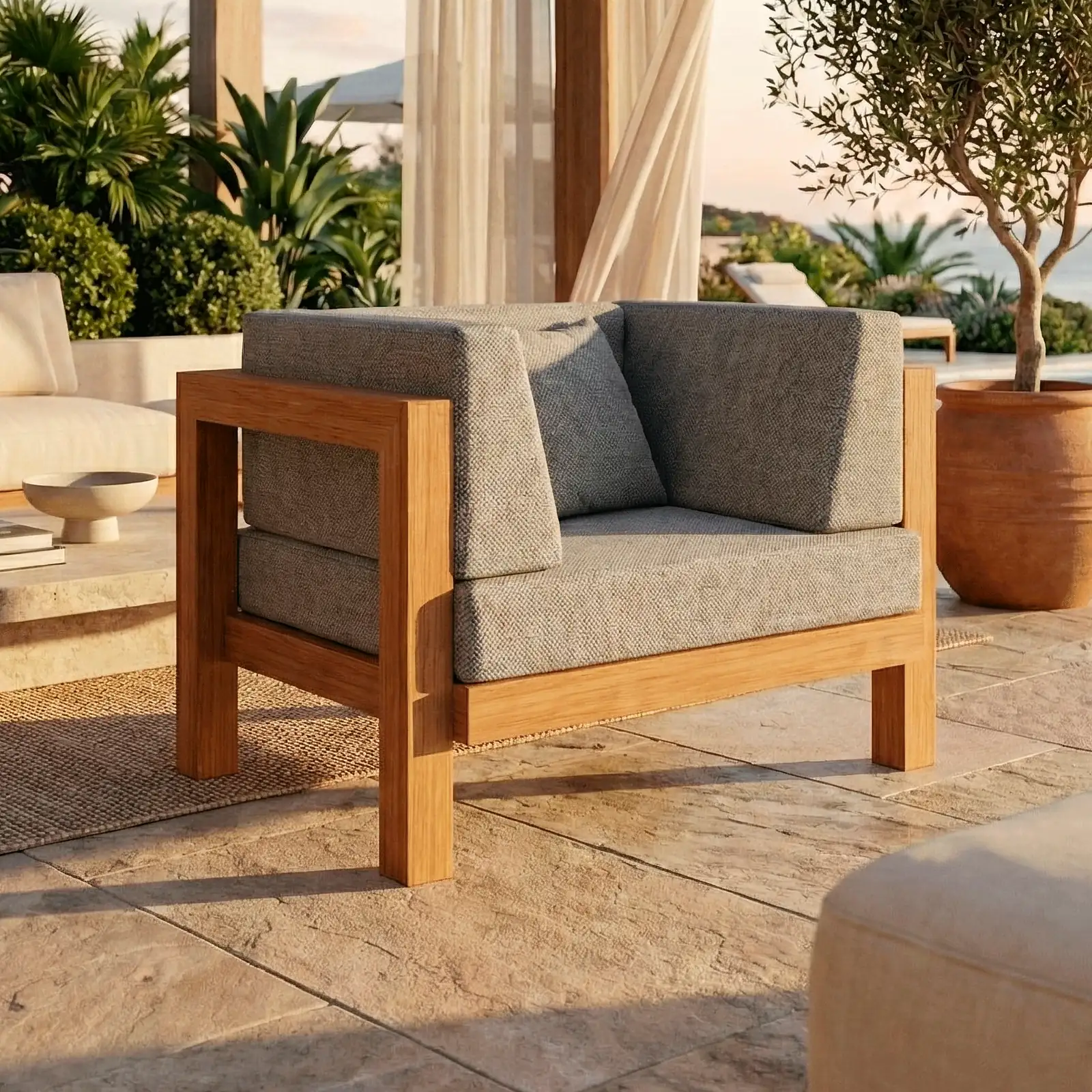 Poltrona Montecarlo en teca y cojines grises, en una terraza junto a una jardinera y vista al mar