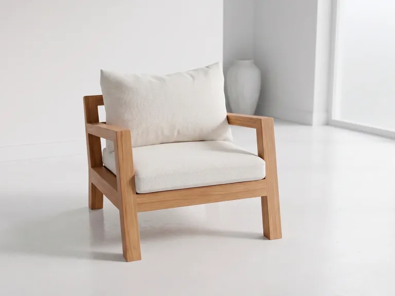 Poltrona Morros en madera teca y cojines beige, vista de estudio en fondo blanco