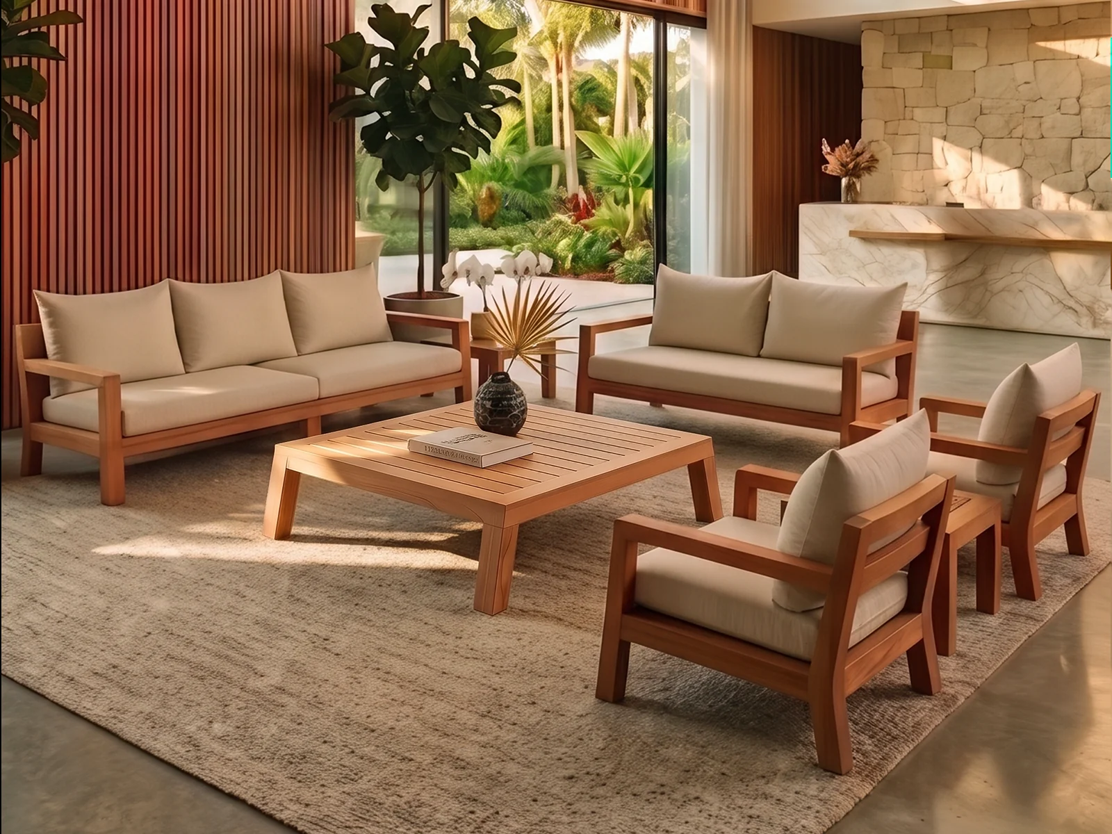 Conjunto de sofá y poltronas Morros en teca en el lobby de un hotel