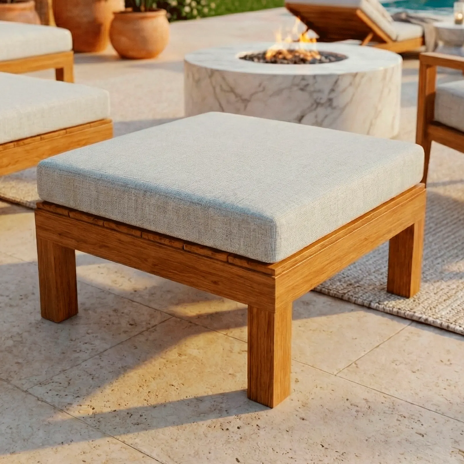 Pouf Montecarlo en teca con cojín, en un salón luminoso junto a una planta
