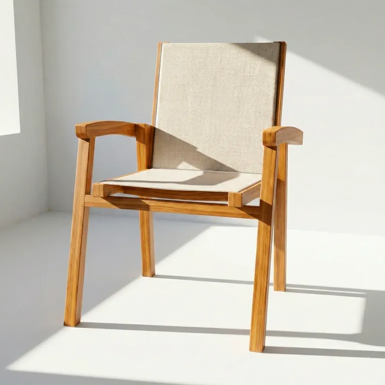 Silla apilable Tokio en aluminio y teca, vista frontal en fondo blanco de estudio