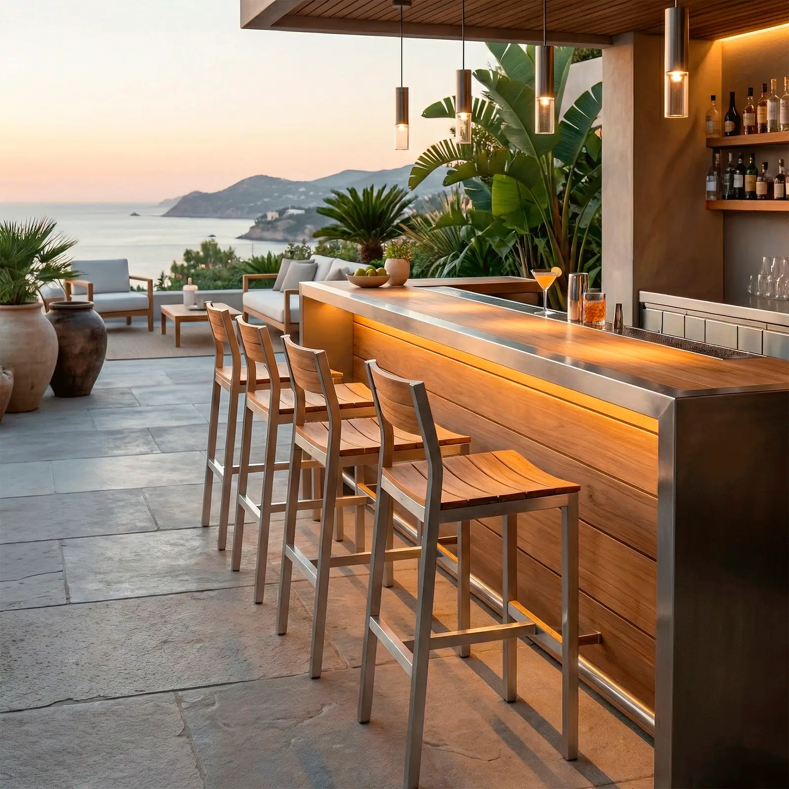 Sillas bar Bretaña en aluminio y teca junto a una barra exterior con vista al mar, al atardecer