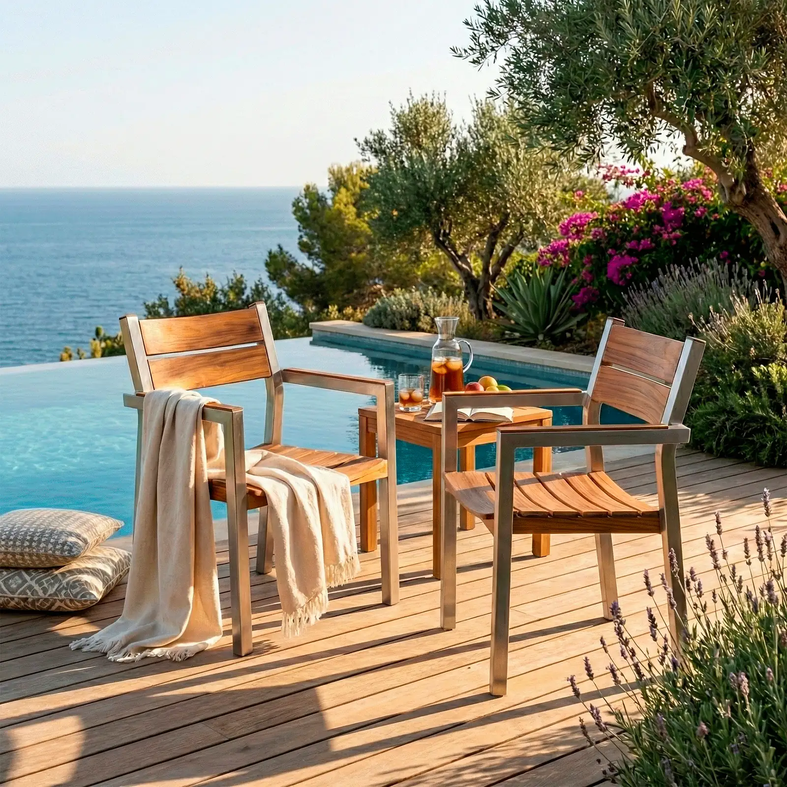 Sillas Bretaña en aluminio y teca con brazos, en una terraza junto a una piscina infinita con vista al mar