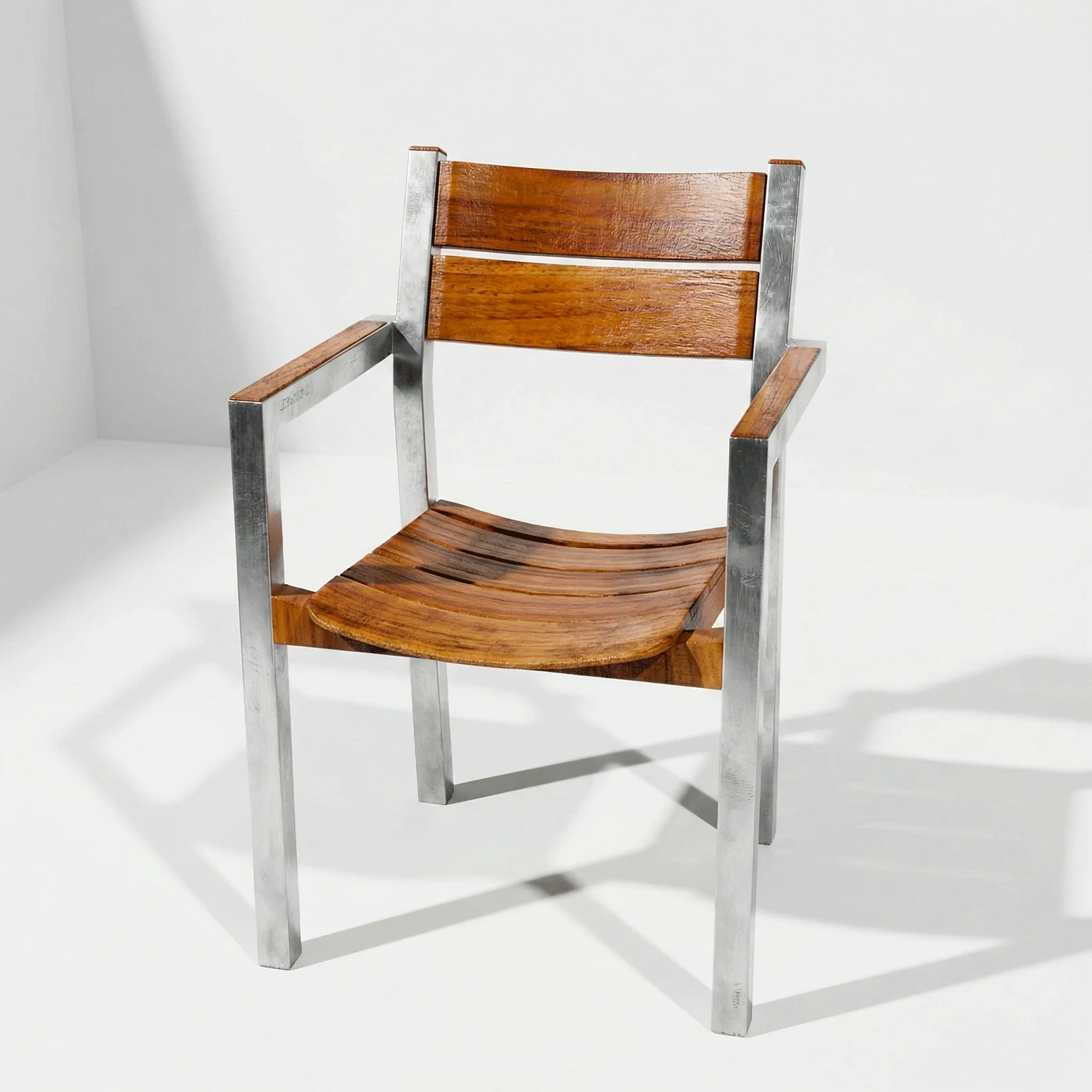 Silla Bretaña en aluminio y teca con brazos, vista frontal en fondo blanco de estudio