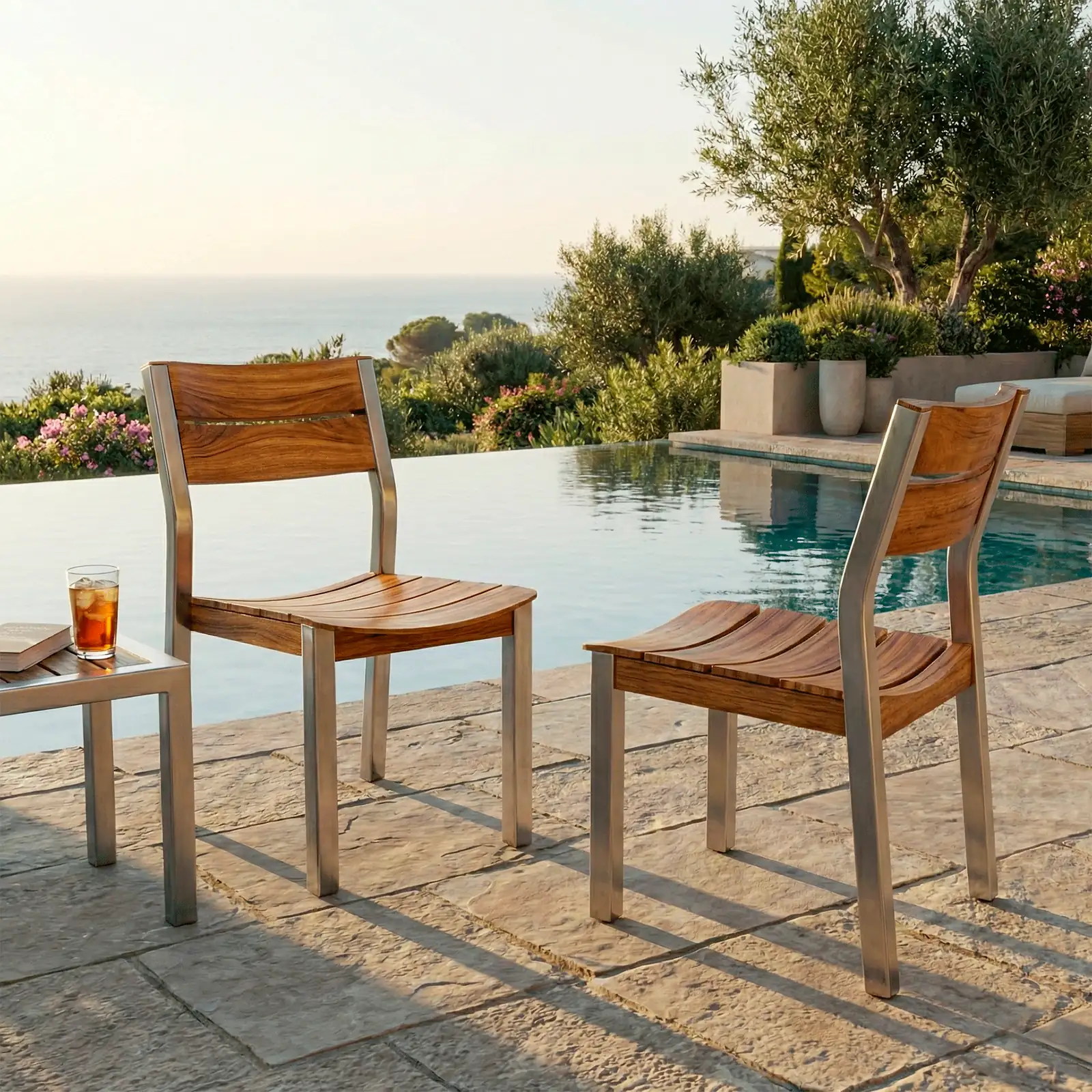 Sillas Bretaña en aluminio y teca sin brazos, junto a una piscina infinita con vista al mar