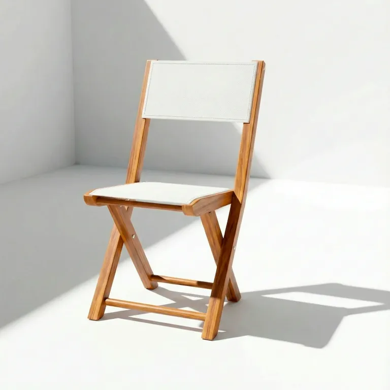 Silla plegable Kioto en madera teca y malla técnica, vista frontal en fondo blanco de estudio