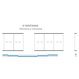 Esquema de una apertura Slidinglass de ventana a ventana, con los paneles apilados hacia los dos extremos
