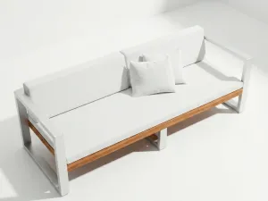 Sofá Japón Aluteca en aluminio y teca, vista en perspectiva sobre fondo blanco de estudio