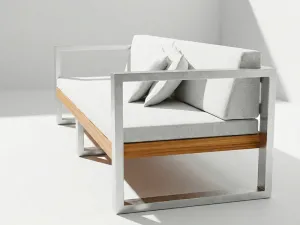 Sofá Japón Aluteca en aluminio y teca, vista lateral sobre fondo blanco de estudio