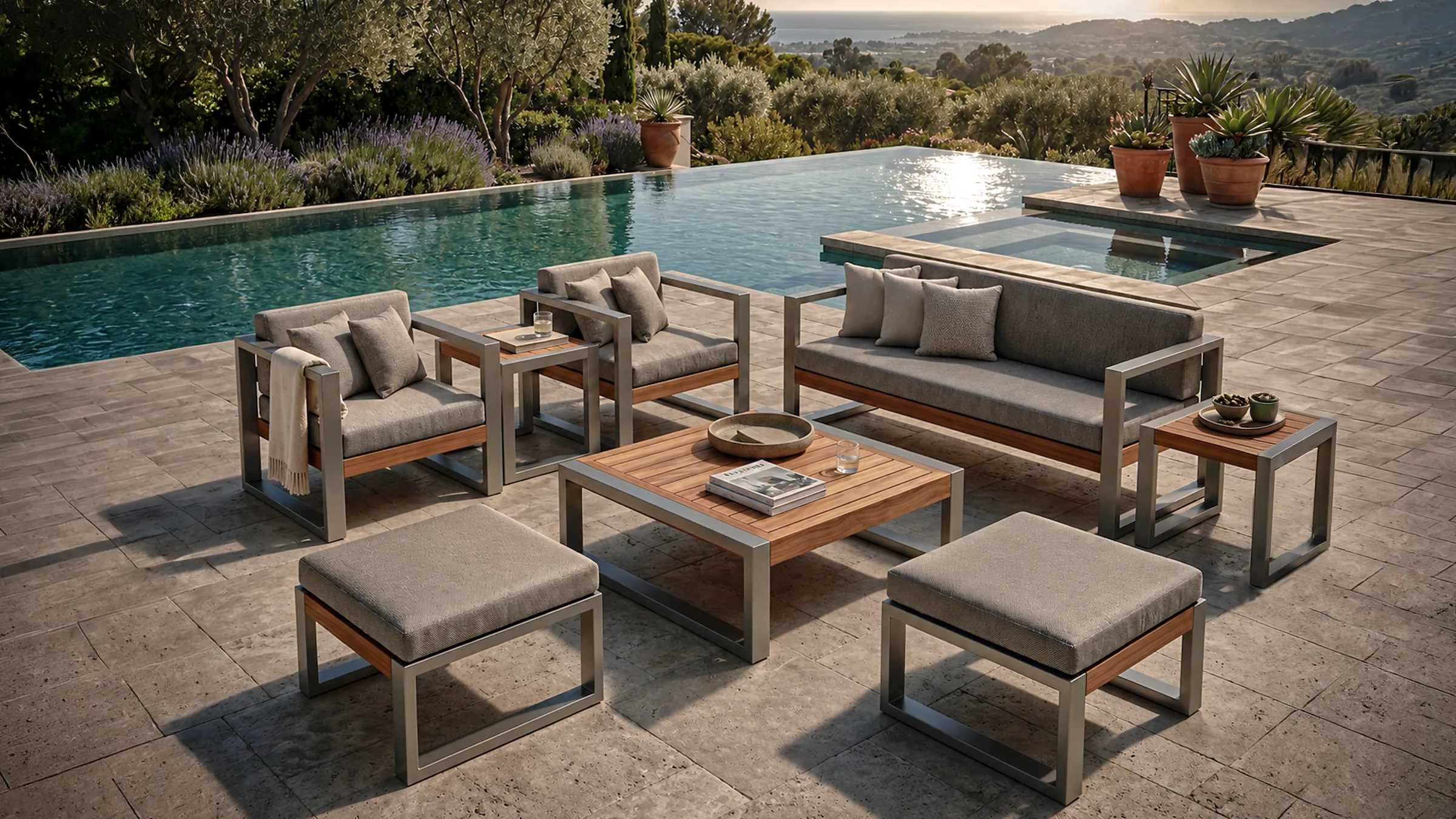 Sofá Japón Aluteca junto a la piscina de una terraza residencial