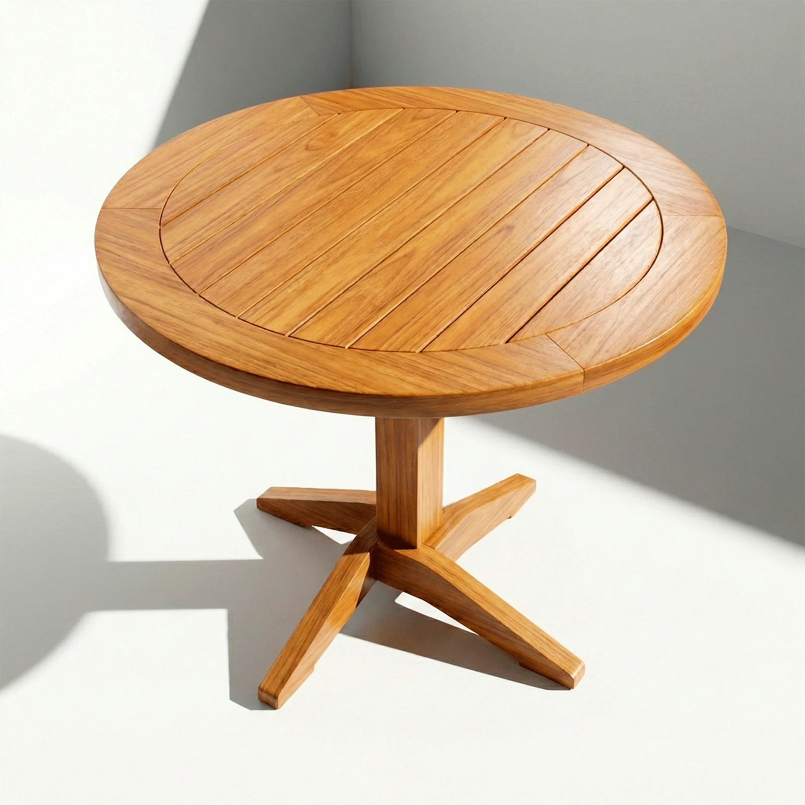 Mesa Putumayo circular en madera teca, vista en perspectiva sobre fondo blanco de estudio