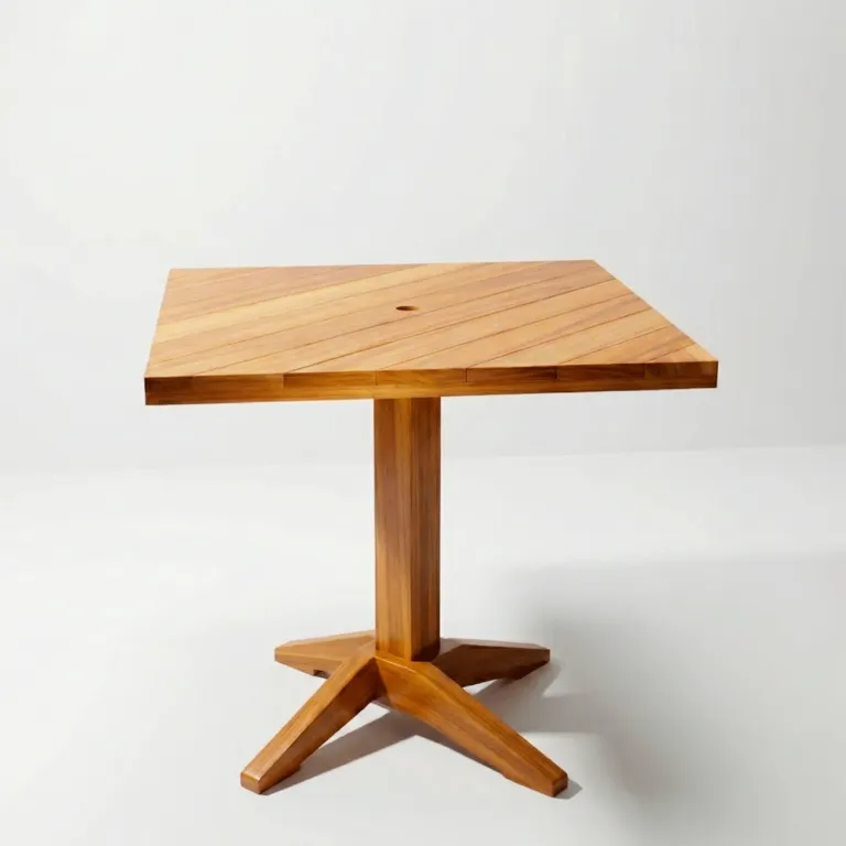 Mesa Putumayo cuadrada en madera teca, vista frontal sobre fondo blanco de estudio