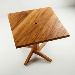 Mesa Putumayo cuadrada en madera teca con paso central para parasol, vista en perspectiva
