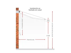 Esquema de instalación de un toldo enrollable en fachada sin canal, con las alturas mínimas acotadas