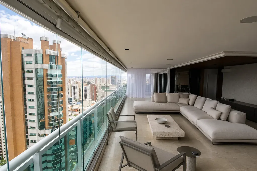 Balcón de apartamento cerrado con vidrio FlexiGlass, con vista a los edificios de la ciudad