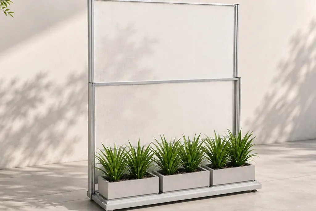 Panel cortaviento FlexiWind de vidrio con jardinera integrada en la base, sobre un patio