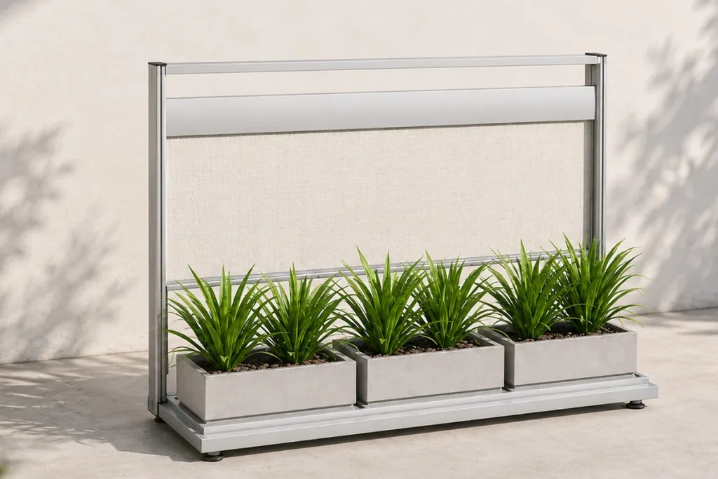 Panel FlexiWind de vidrio con jardinera, visto en ángulo