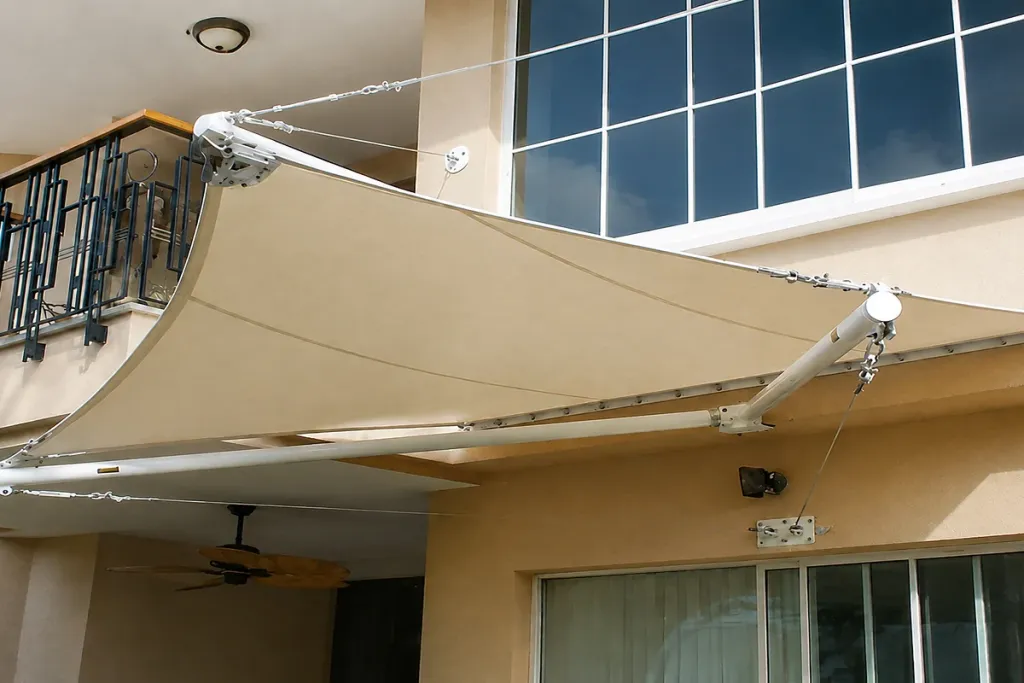 Membrana de pared proyectada sobre el balcón de una vivienda, anclada al muro con tensores
