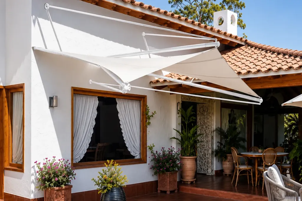 Dos membranas de pared cubriendo el corredor de una casa campestre junto a la piscina
