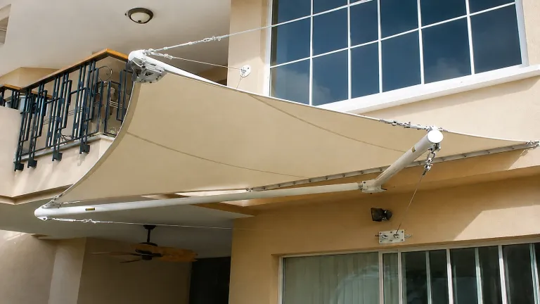 Membrana tipo vela sobre la terraza de una piscina residencial