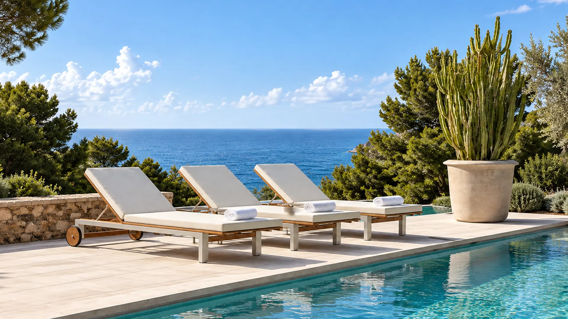 Asoleadoras de exterior con cojines claros junto a una piscina con vista al mar