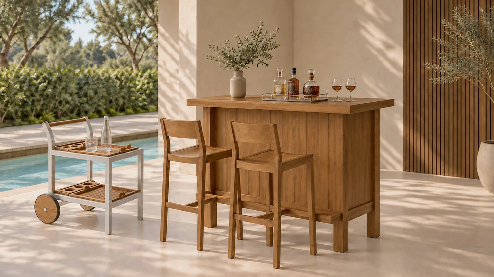 Barra de bar de exterior en madera con sillas altas y carrito bar, junto a una piscina
