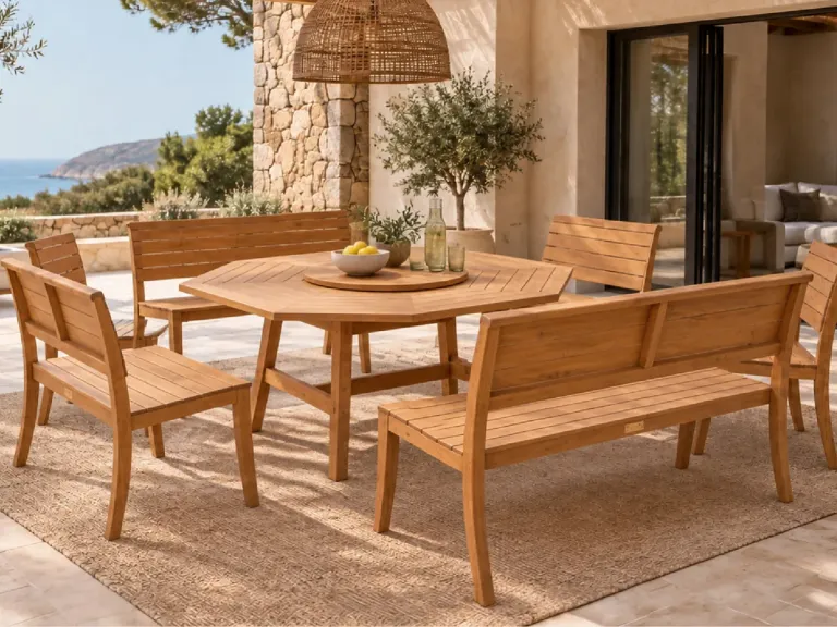 Comedor Colección Amazonas en madera teca sobre una terraza, con el mar al fondo