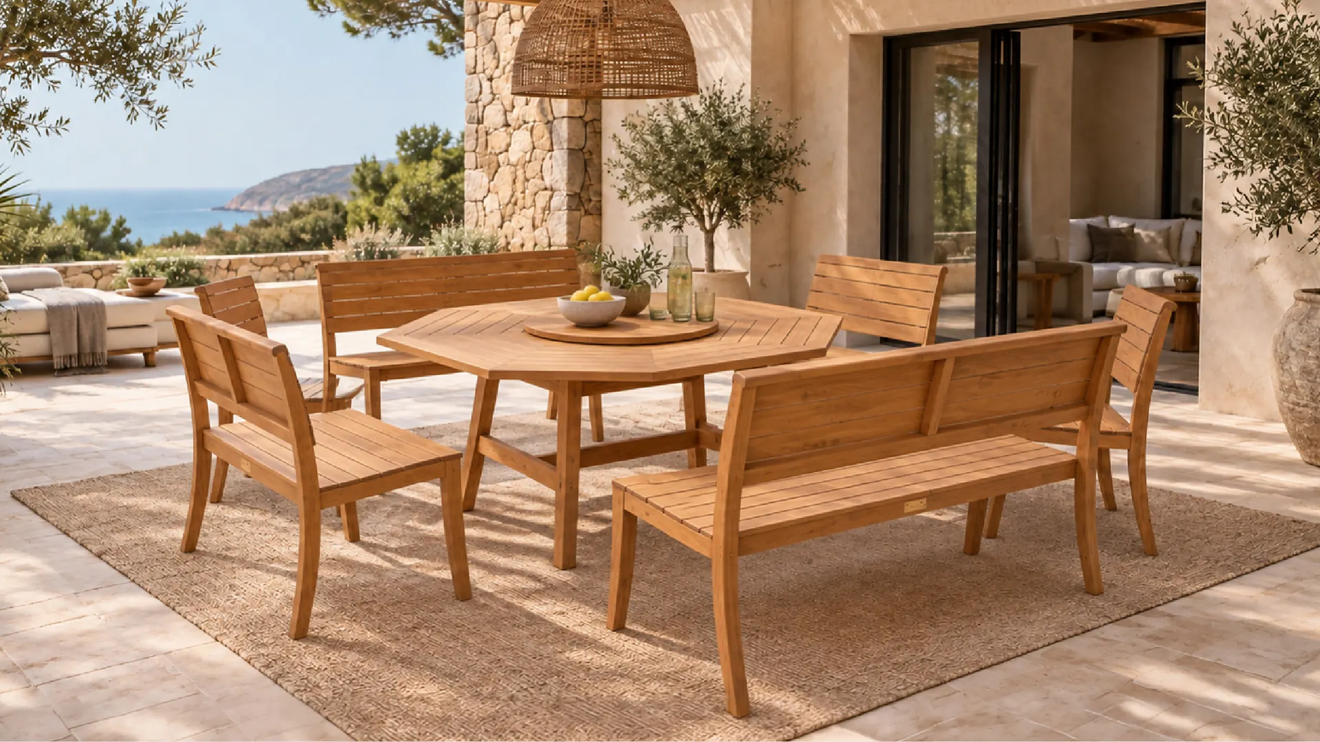 Comedor de exterior de la Colección Amazonas en madera teca sobre una terraza, con el mar al fondo