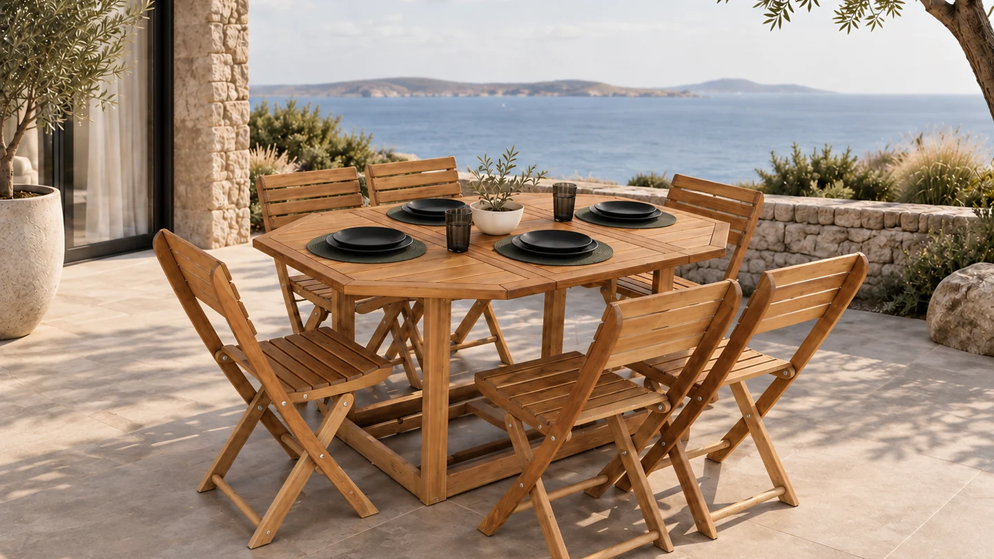 Comedor de la Colección Magic en madera con sillas plegables, en una terraza con vista al mar