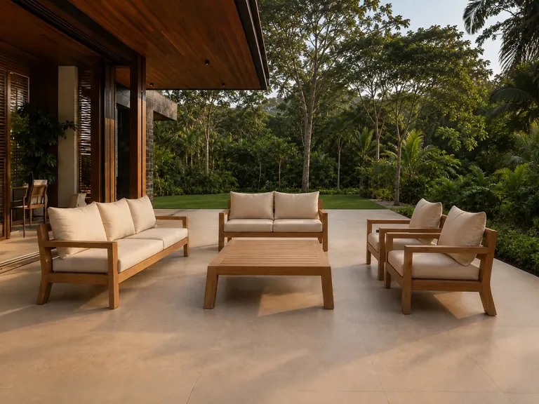 Conjunto de sala Colección Morros en madera, en una terraza junto a una casa