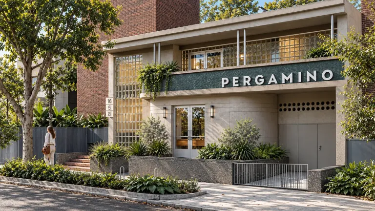 Fachada de Pergamino Café en Laureles, Medellín, con la pérgola retráctil sobre la terraza