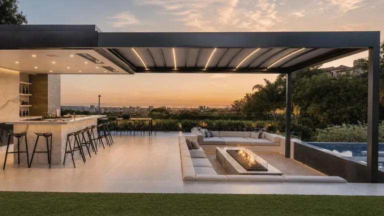 Pérgola retráctil PergoTek Design con luces LED sobre el bar y la sala con fogata de una terraza, al atardecer