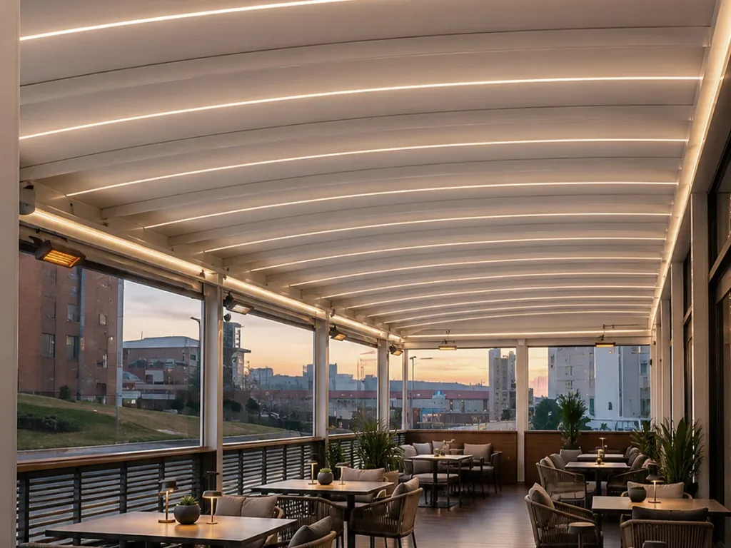 Restaurante bajo la cubierta de una pérgola PergoTek Design con iluminación LED integrada, al atardecer