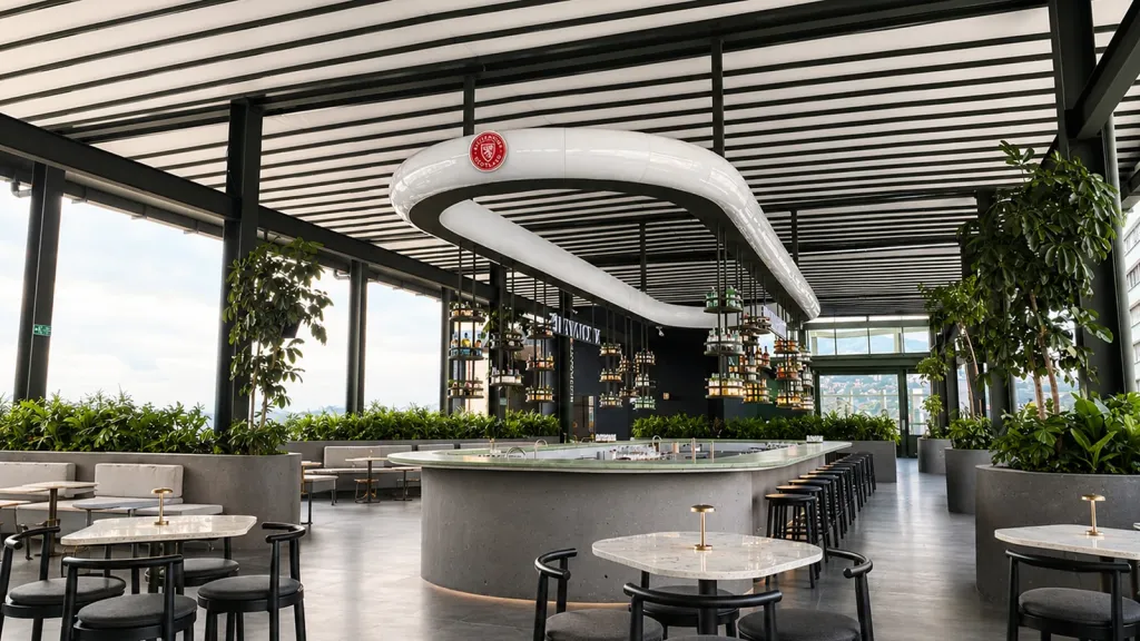 Barra central del gastrobar Callao bajo la estructura en acero de las pérgolas PergoTek Romano, en Cali