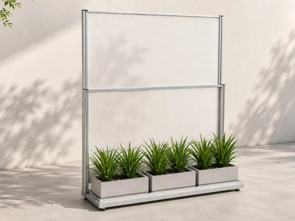 Panel FlexiWind de vidrio sobre su jardinera, con la parte alta extendida