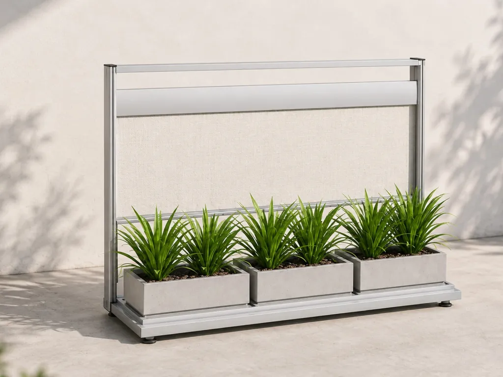 Panel FlexiWind recogido sobre su jardinera, con la persiana de lona en lo alto del marco