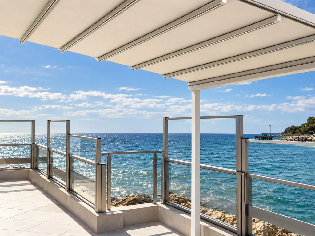 Paneles FlexiWind de vidrio bajo un toldo, en una terraza junto al mar