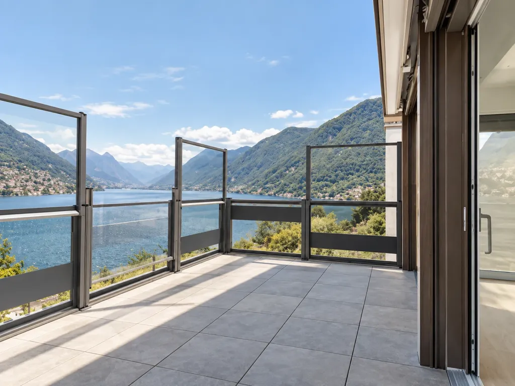 Paneles FlexiWind de vidrio en el borde de una terraza con vista a un lago y montañas