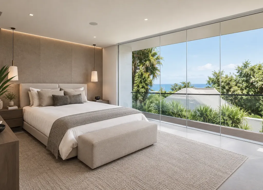 Habitación con cerramiento Slidinglass hacia un jardín tropical con vista al mar