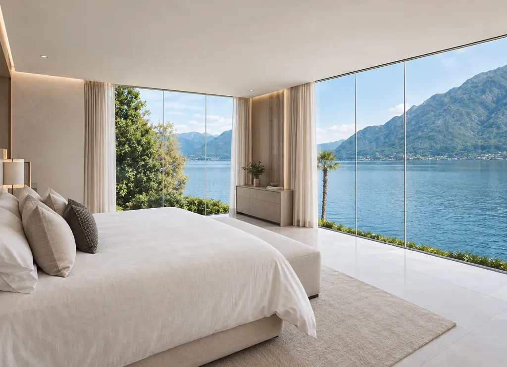 Cerramiento Slidinglass de vidrio de piso a techo en una habitación frente a un lago y montañas