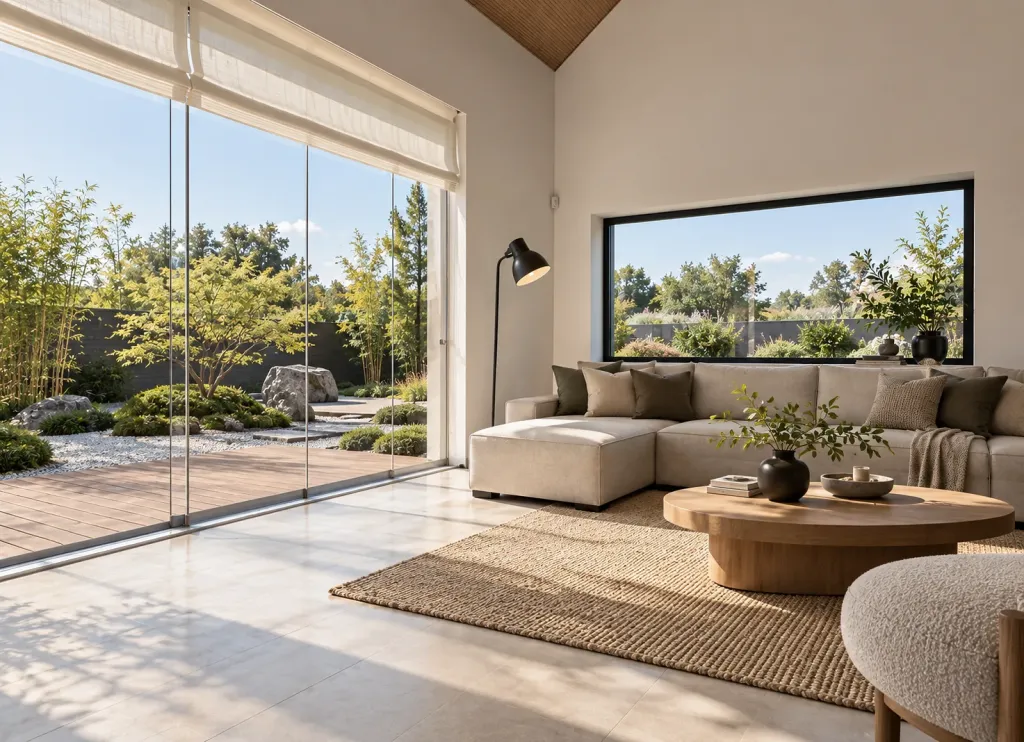 Sala con paneles Slidinglass de vidrio corredizo abiertos hacia un jardín de piedras