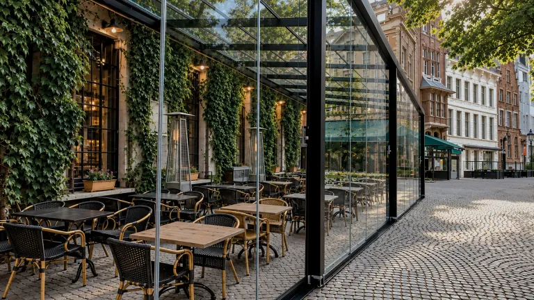 Cerramiento Slidinglass de vidrio corredizo cerrando la terraza de un restaurante sobre una calle adoquinada