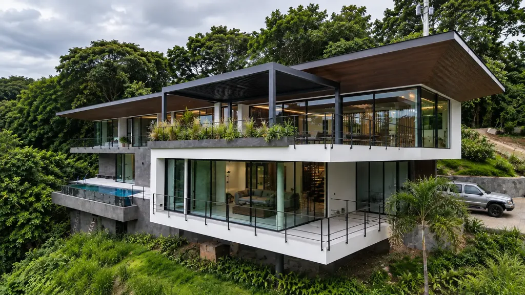 Fachada de una casa campestre con pérgolas bioclimáticas PergoLam en voladizo