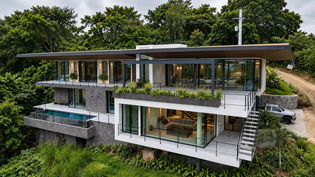 Casa campestre con pérgolas bioclimáticas PergoLam en sus terrazas, rodeada de vegetación