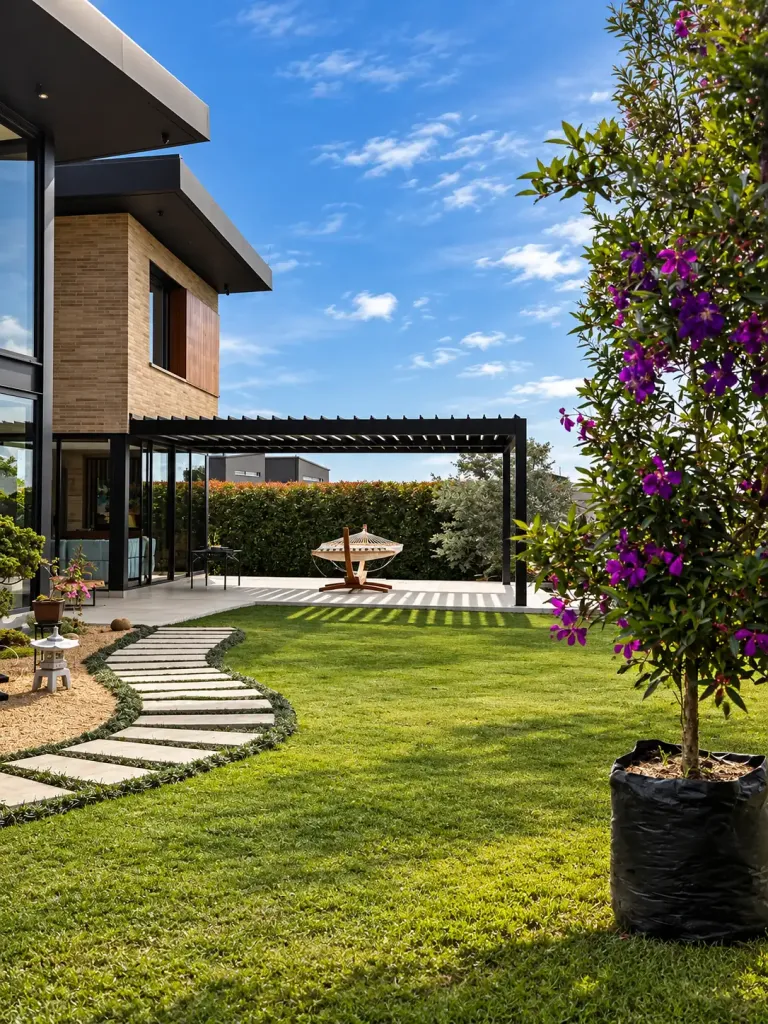Pérgola bioclimática PergoLam al fondo del jardín de una casa, junto a un sendero