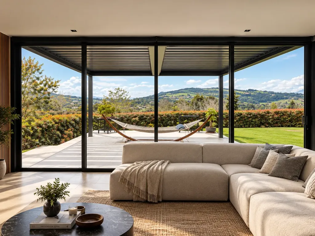 Pérgola bioclimática PergoLam sobre una sala exterior con ventanal hacia las montañas