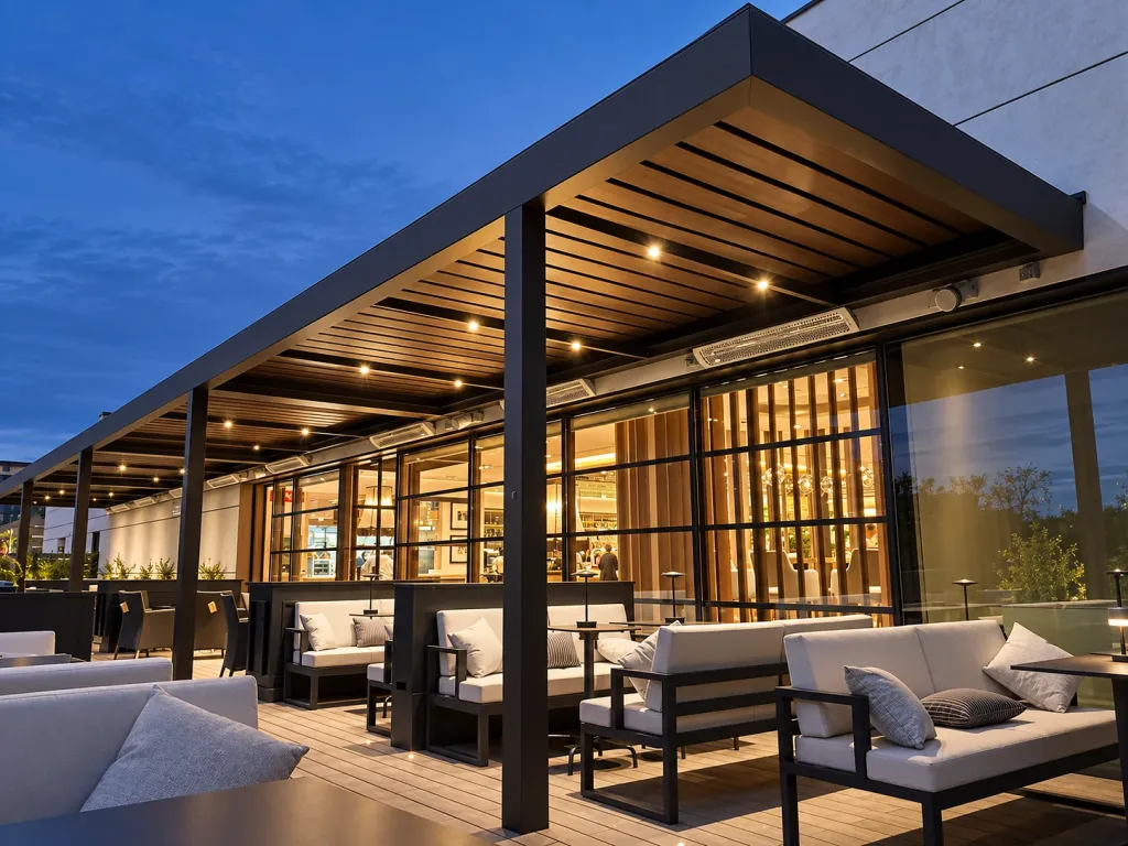 Pérgola bioclimática PergoLam iluminada sobre la terraza de un restaurante al anochecer