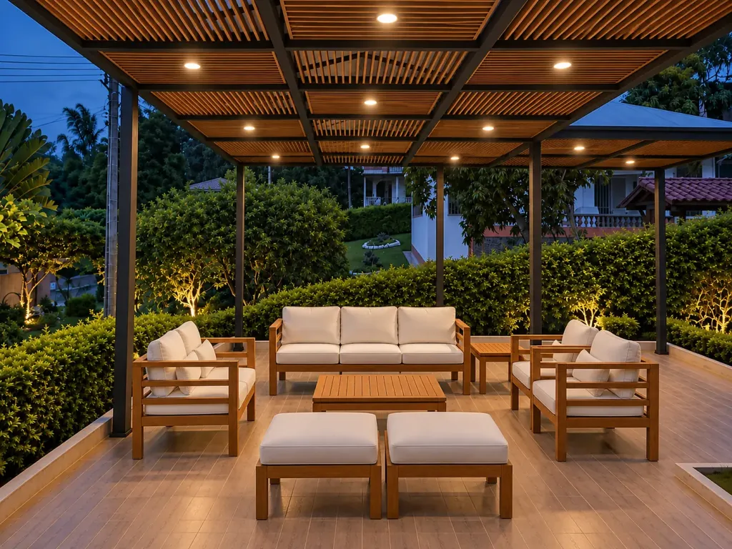Pérgola fija en acero con paneles de teca e iluminación sobre una sala exterior de noche
