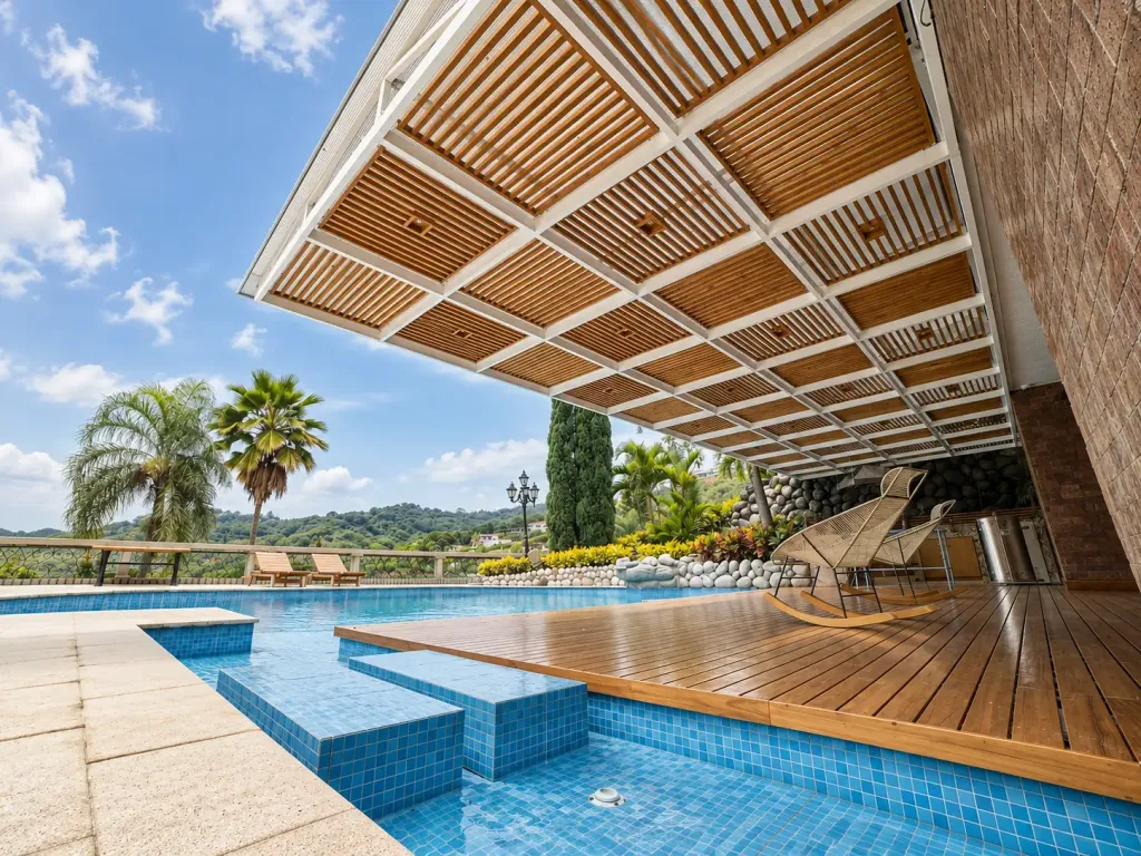Pérgola fija en aluminio con paneles de teca junto a la piscina de una vivienda