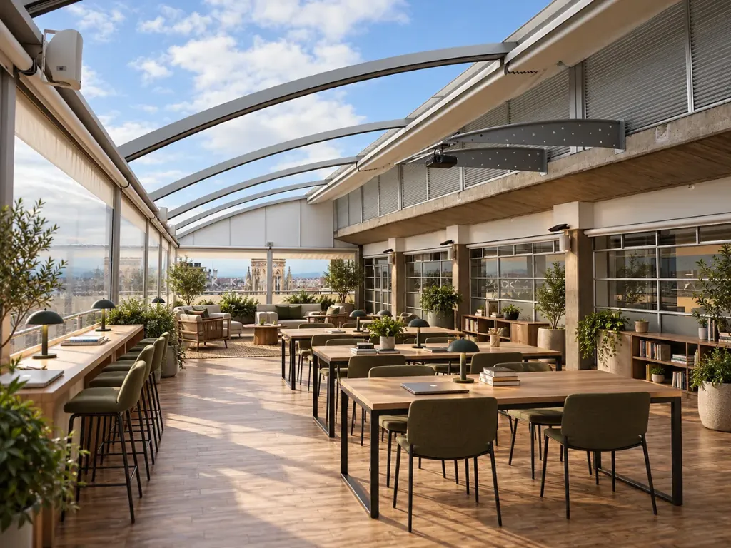 Pérgola retráctil PergoDom sobre el restaurante de la terraza de un hotel